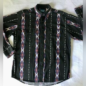 Wrangler 90’s Black Pearl Snap Button Down Western Aztec Print Mens Size Large